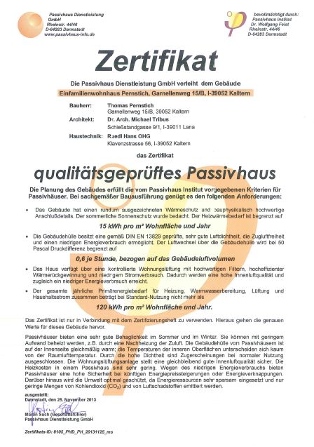 Zertifikat "qualitätsgeprüftes Passivhaus" | Villa Pernstich, Kaltern
